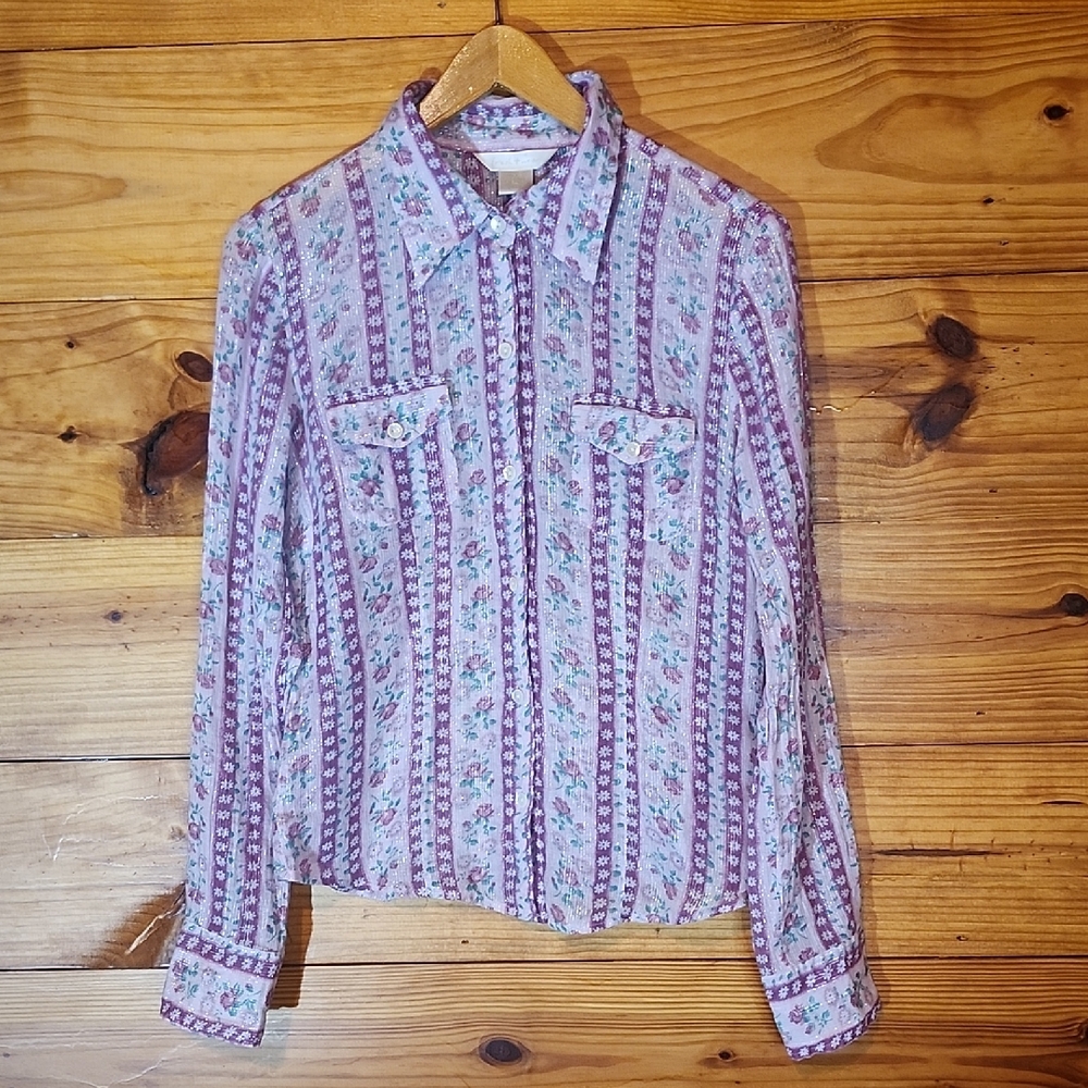 Floral Striped Lightweight Button Down Metallic Silver Thread Size M
